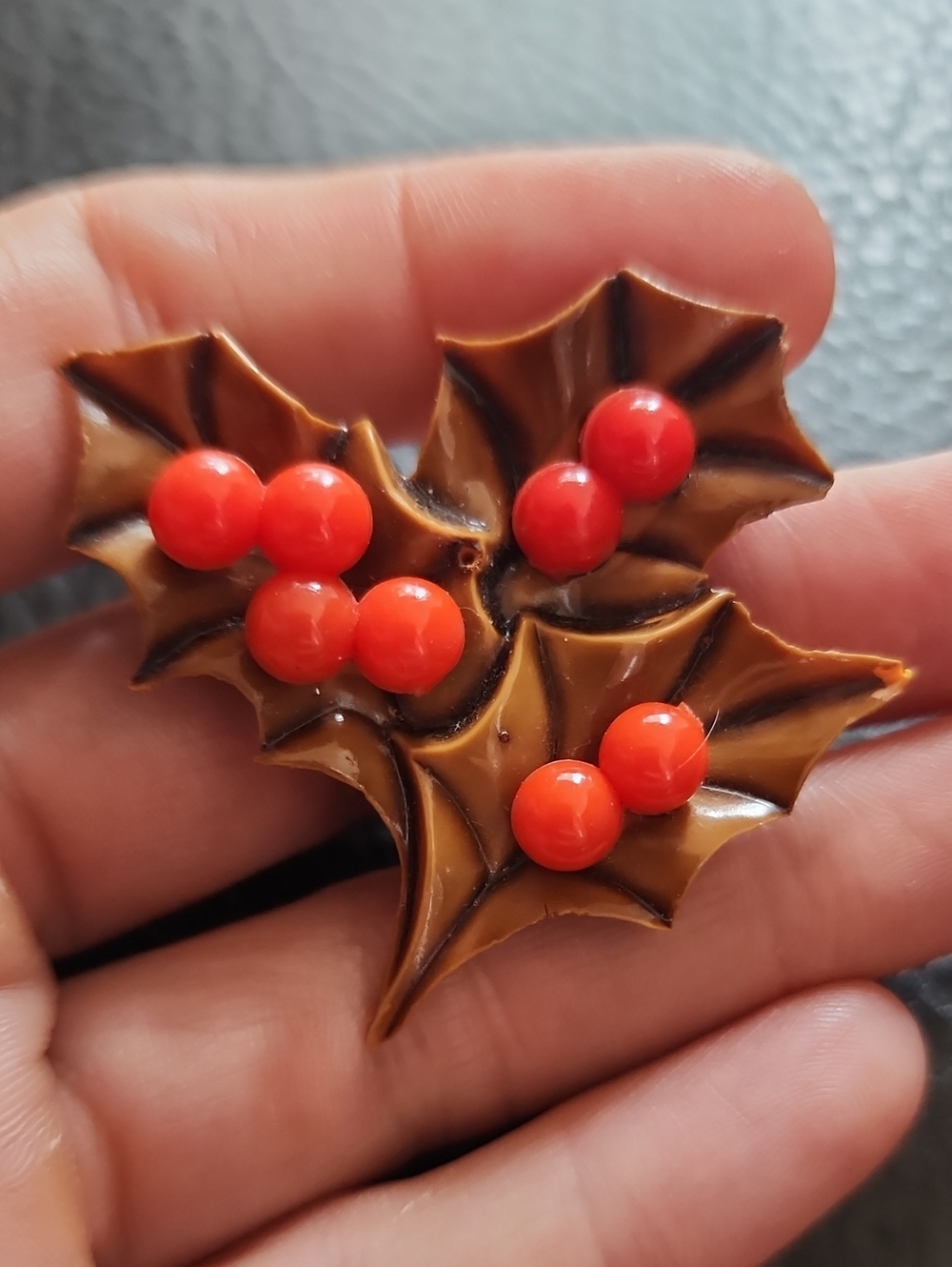 Vintage Holly Leaf Brooch with Red Berries